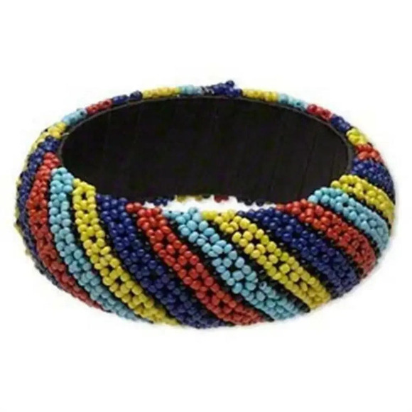 Handcrafted India Beaded Bangle Bracelet Black Blue Red Yellow Stripe Fair Trade - Picture 1 of 1